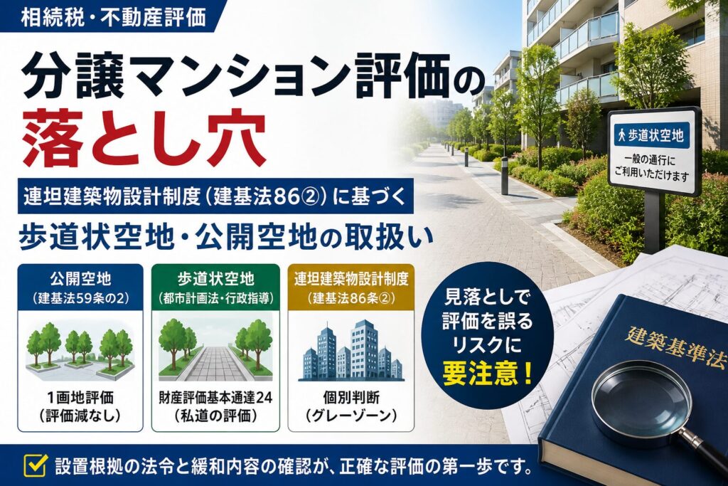 分譲マンション評価の落とし穴｜歩道状空地と公開空地の評価の違い｜連坦建築物設計制度（建基法86条2項）の実務判断 | 尼崎の税理士が解説