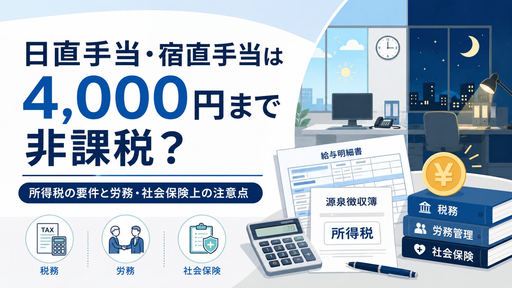 日直手当・宿直手当は4,000円まで非課税? 所得税の要件と労務・社会保険上の注意点