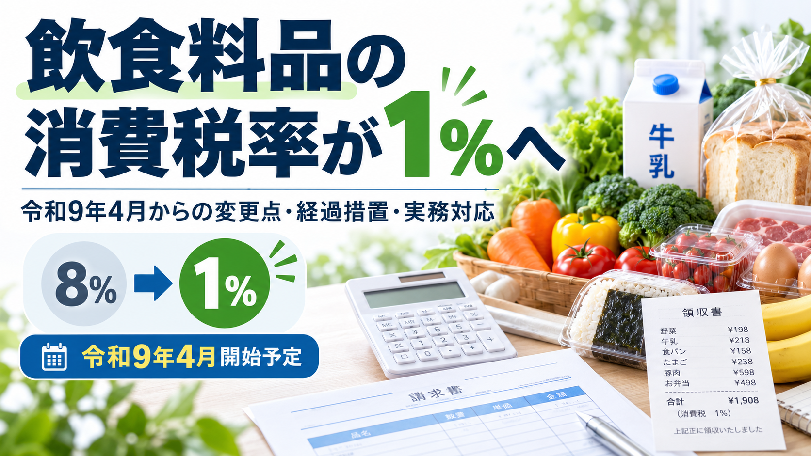 飲食料品の消費税率が1％へ｜令和9年4月からの変更点・経過措置・実務対応