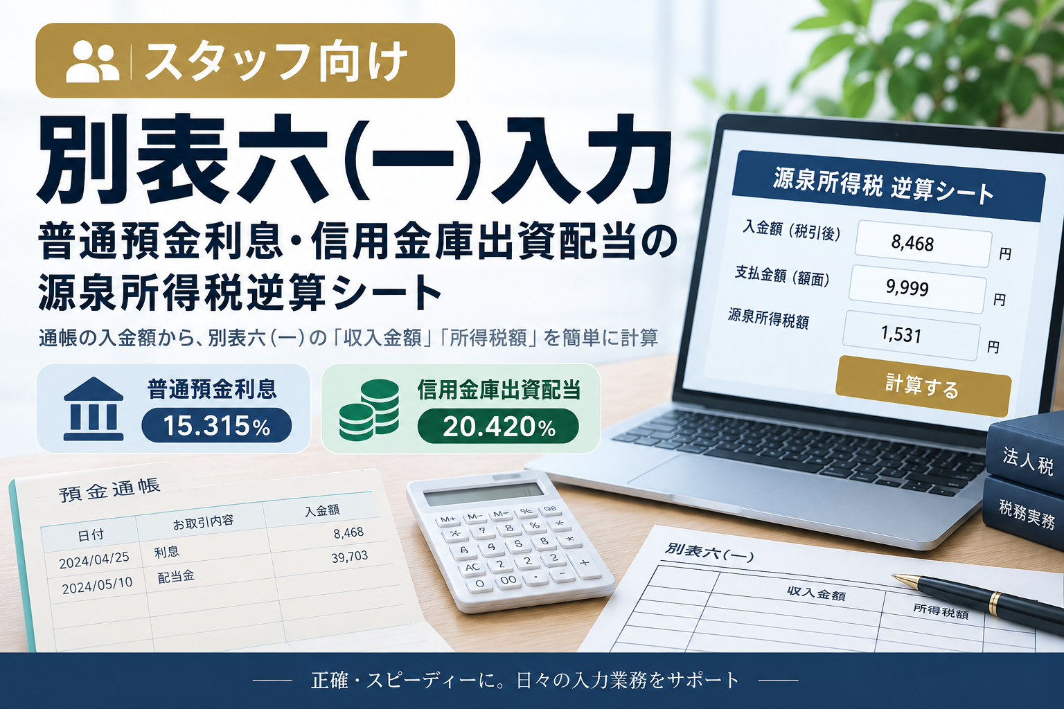 【スタッフ向け】別表六（一）入力｜普通預金利息・信用金庫出資配当の源泉所得税逆算シート