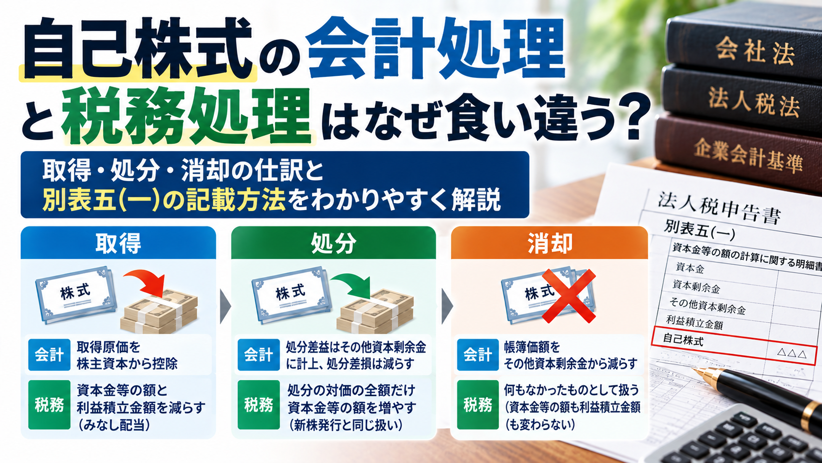 自己株式の会計処理と税務処理はなぜ食い違う?取得・処分・消却と別表五(一)の記載方法