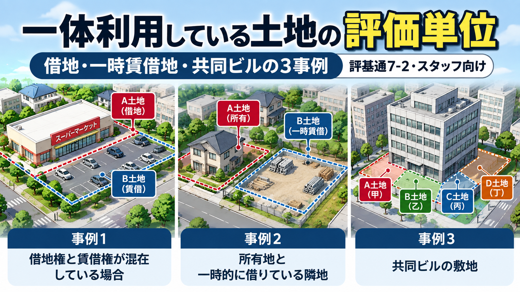 一体利用している土地の評価単位|借地・一時賃借地・共同ビルの3事例【評基通7-2・スタッフ向け】