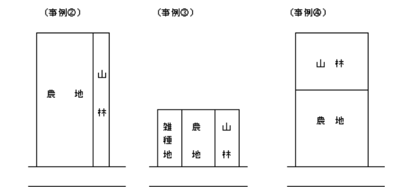 地目の異なる土地の一体評価に関する事例②～④。②農地に隣接する間口狭小・奥行長大な山林、③地積の小さい雑種地・農地・山林、④道路に接していない山林と道路に接する農地の配置図。