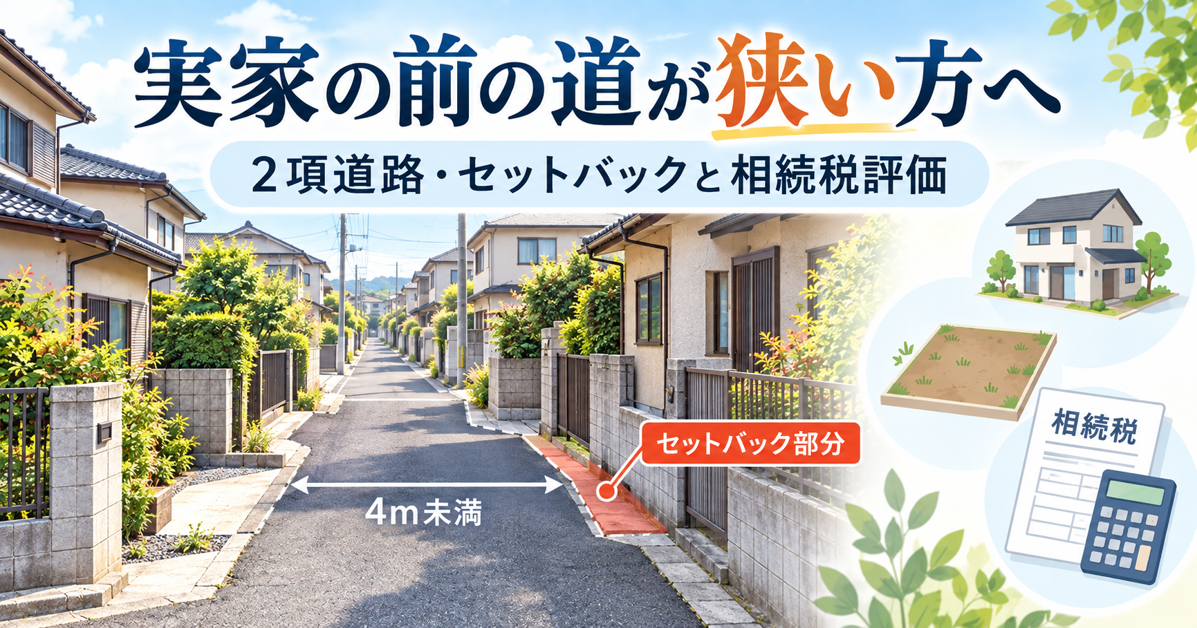 実家の前の道が狭い方へ|2項道路・セットバックと相続税評価を解説
