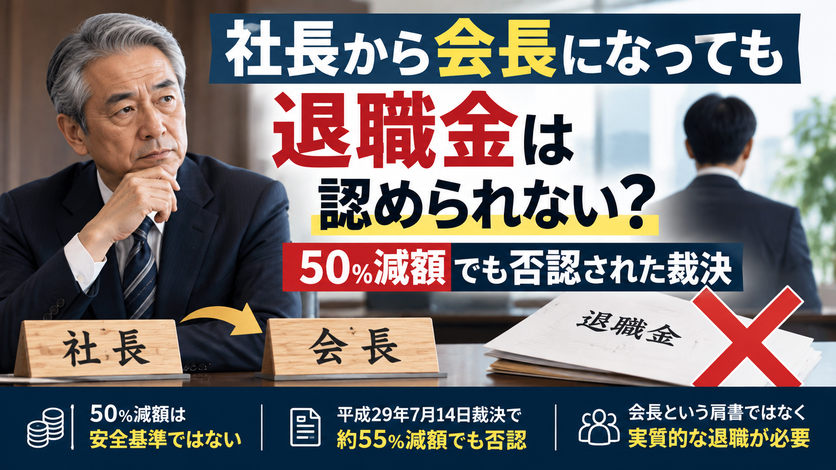 社長から会長になっても退職金は認められない?50%減額でも否認された裁決